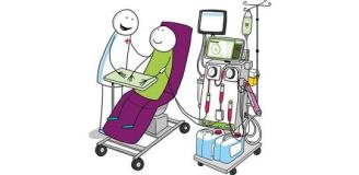 Tekening van een verpleegkundige, en een patiënt in een dialysestoel