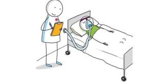 Tekening van een patiënt in bed met een masker op, een verpleegkundige maakt aantekeningen