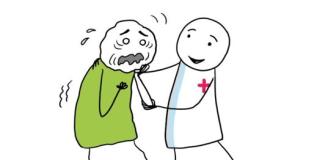 Cartoon van een zorgverlener die een bange patiënt geruststelt.