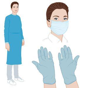 Persoon in beschermend schort, mondkapje en handschoenen.