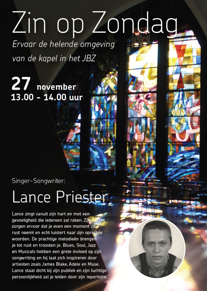 Flyer 'Zin op zondag' over het concert in de kapel op 27 november