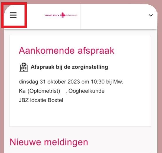 Screenshot van het hamburgermenu in MijnJBZ