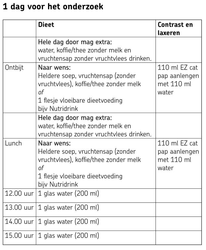 Dieet 1 dag voor het onderzoek