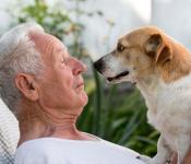 Man met hond op schoot